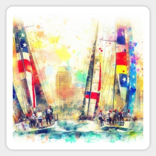 Abstract looking illustration of a sailboat race in stormy looking weather, and high seas. Magnet